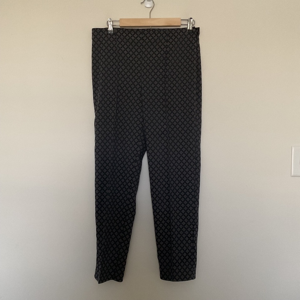 ST. John geometric jacquard slit hem seamed pants Sz 6 side zip black blue USA